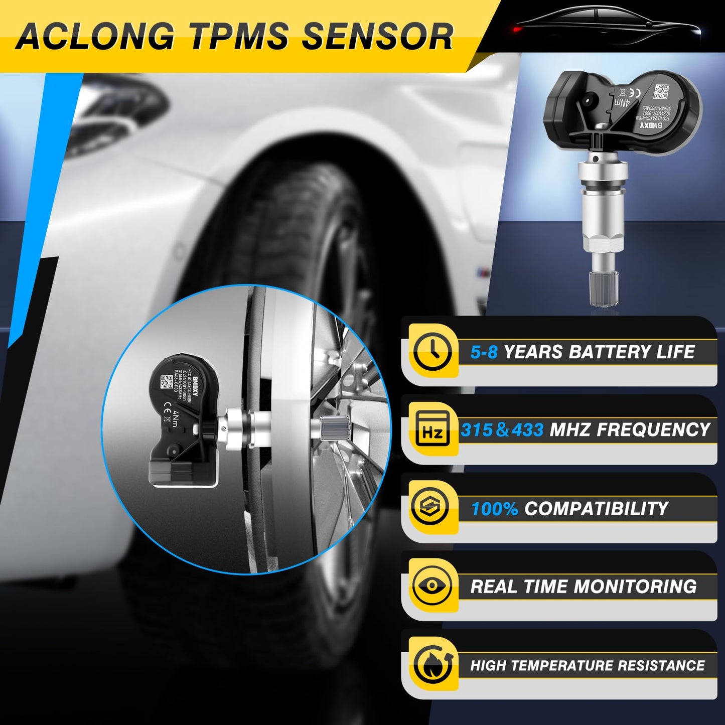 GEARMEISTER TPMS Sensor Multi-Protocol Tire Pressure Sensors Fit for BMW 315MHz & 433MHz Snap-in Tire Pressure Monitoring System Replace 36236781847 36236779490 36106877934 RDE008 4 Pack