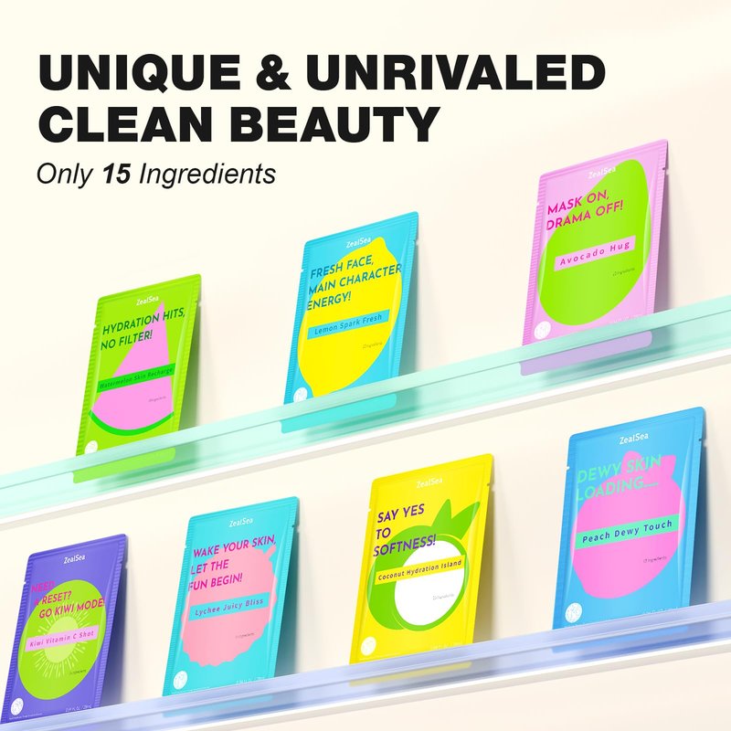 ZealSea Clean Beauty Face Masks Skincare, Minimalism 15 Ingredients Sheet Mask, Dopamine Color Design Facial Mask, Sleepover & Slumber Spa Party Supplies, Women Teen Girl Gifts Trendy Stuff, 21 Pack