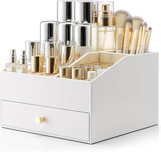 VLANDO Makeup Organzier,Vanity Organizer with Drawers, PU Leather Skincare Organizer Perfume Organizer,Large Cosmetic Display Case for Lipstick,Brushes Gifts for Women-White
