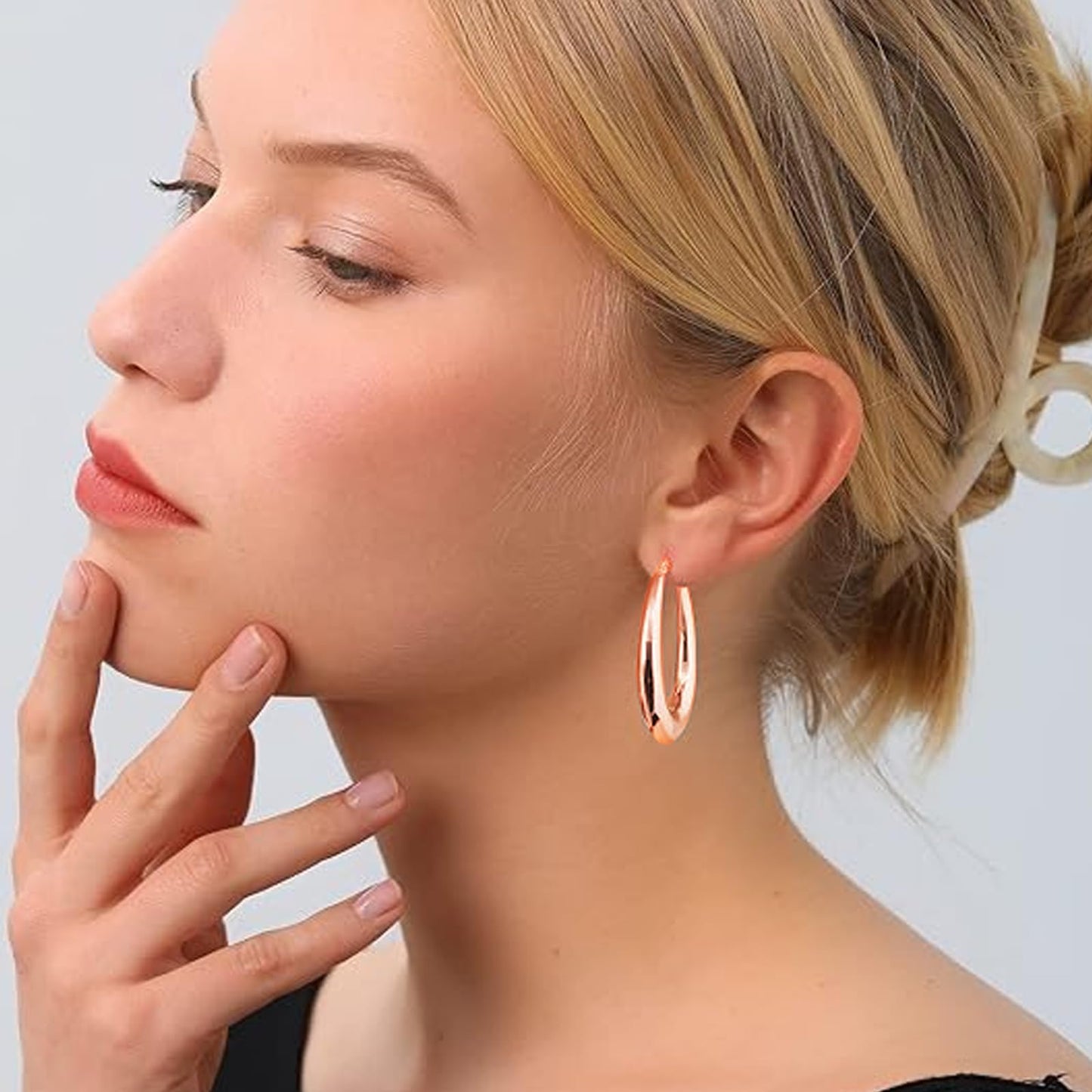 PABBEU Chunky Rose Gold Hoop Earrings for Women, Lightweight 14k Golden Plated Hoops Earrings, Hypoallergenic 925 Oval Rose Golds Hoops Earrings, Thick Gold Hoop Earrings for Women Gifts (38mm)