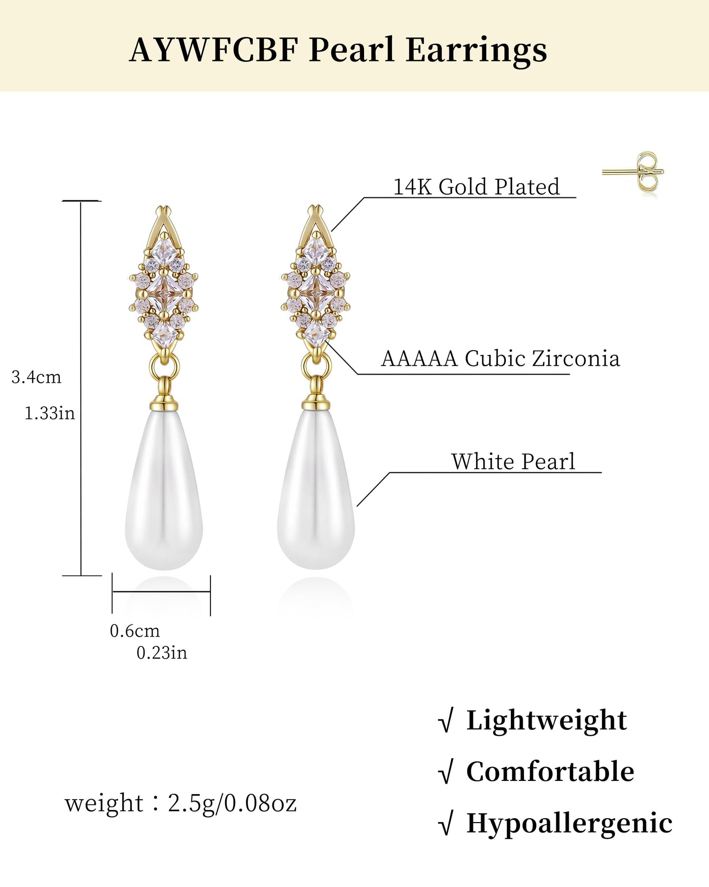 Pearl Earrings for Women, 14k Gold Plated Trendy Cubic Zirconia Pearl Dangle Earrings Bridal Shower Gifts Wedding jewelry for Women