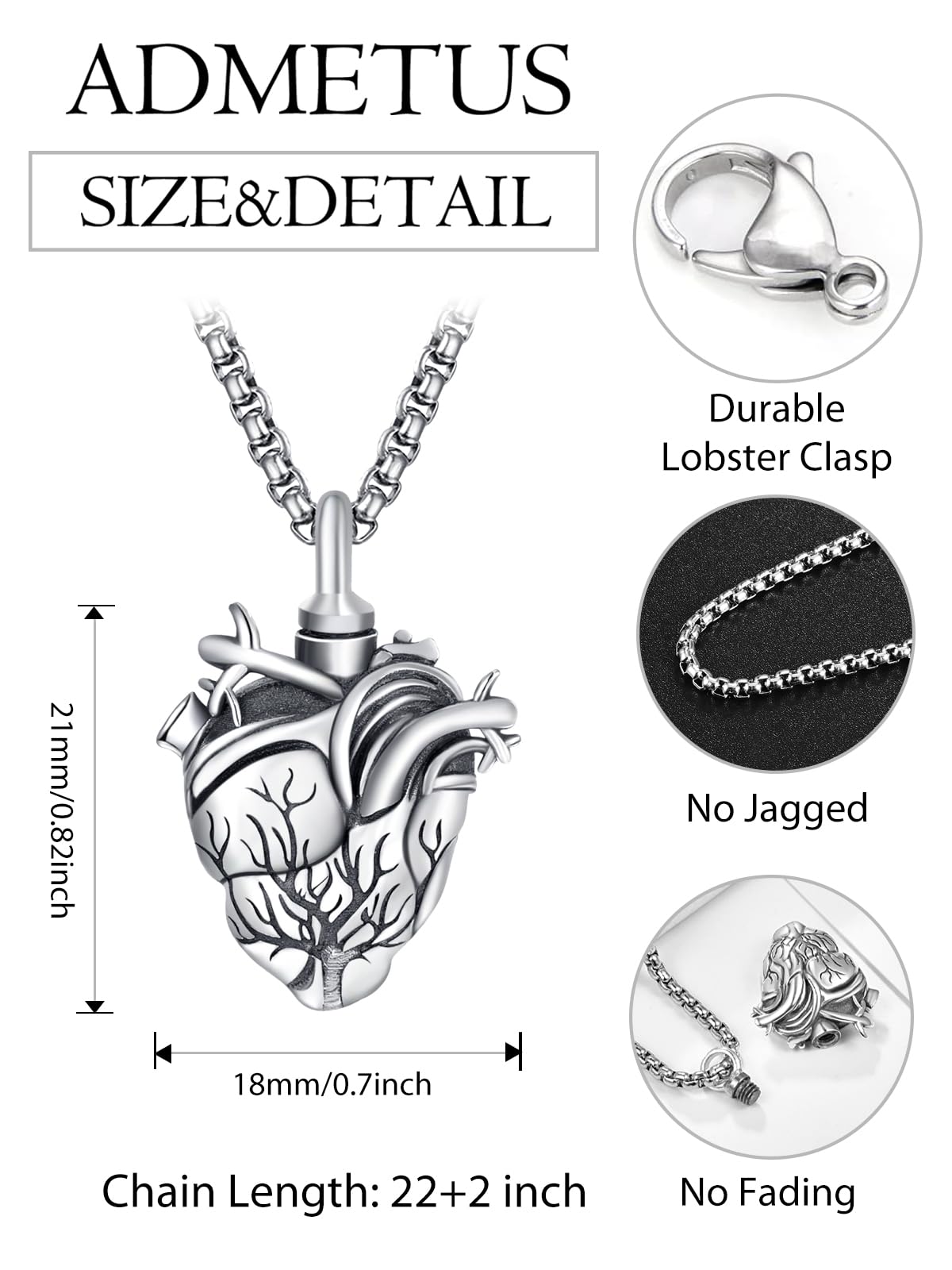 Tree of Life Urn Necklace for Ashes for Men Sterling Silver Cremation Jewelry for Ashes Anatomical Heart Urn Keepsake Pendant Memorial Gifts