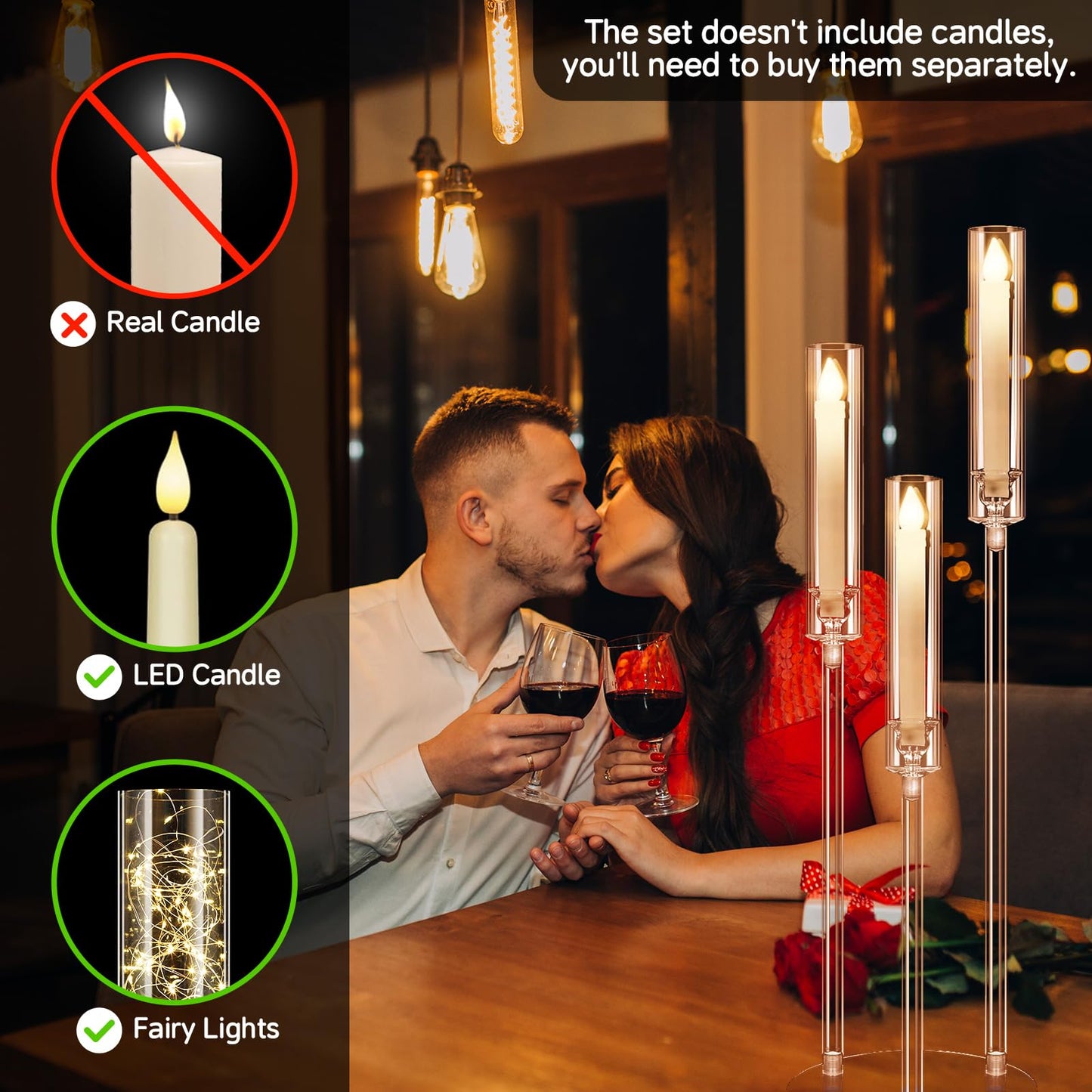 6 Set 3 Arms Acrylic Candelabra Centerpieces for Wedding Table Decorations,30.7" Clear Candlesticks Holder with Acrylic Shade for Valentine's Day Dinner Party Fireplace Decor Fit LED Candle"