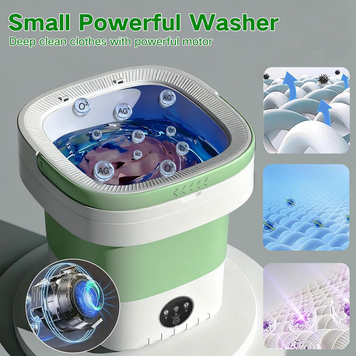 LGLRTD Portable Washing Machine, 15L Mini Collapsible Washer with 3 Cleaning Modes for Baby Clothes, Underwear, Small Foldable Laundry for Travel Apartment Home Dorm Hotel Camping (White+Green)