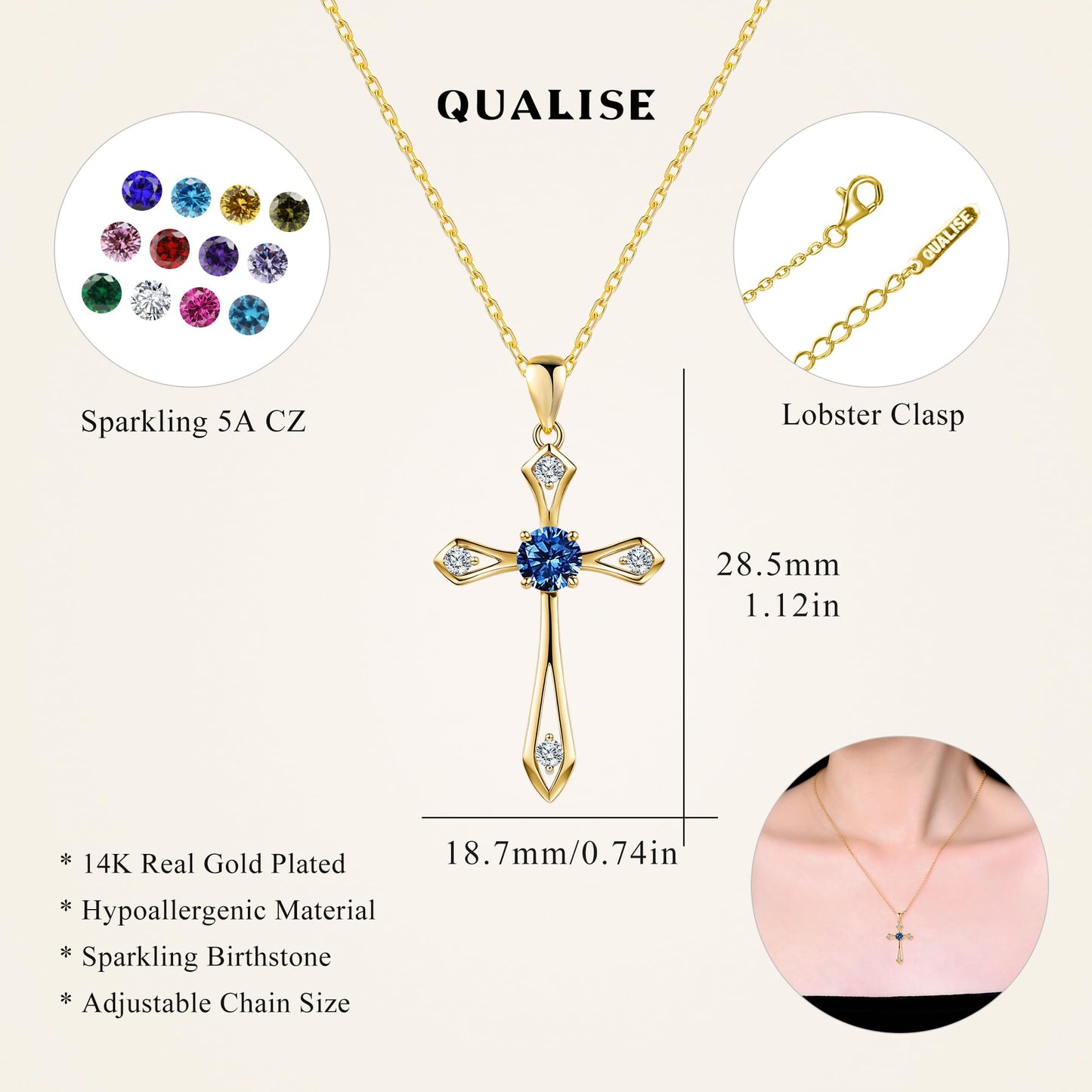 14K Solid Gold Plated Cross Necklace for Women,925 Sterling Silver Ladies Faith Cross Birthstone Pendant Christian Religious Confirmation Baptism Everyday Jewelry Anniversary Birthday Gifts for Her