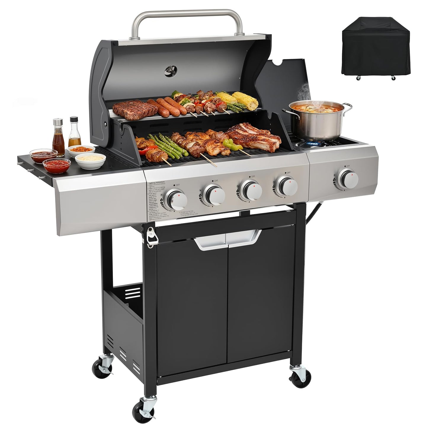 EUHOME 4-Burner Gas Grill with Side Burner & Cover, 51000 BTU Stainless Steel Outdoor BBQ Grill, 452 sq.in Cooking Area, Ideal for Backyard, Patio Large Gatherings