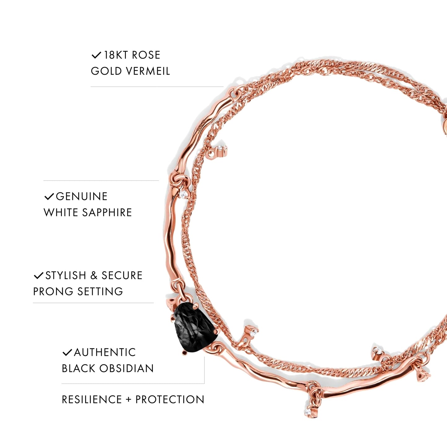 Moon Magic Moonstone Bracelet for Women | Black Obsidian, Rose Quartz Bracelet/Real 925 Sterling Silver | 18k Rose & Yellow Gold Rainbow Genuine Moonstone Jewelry for women | June Birthstone Bracelet