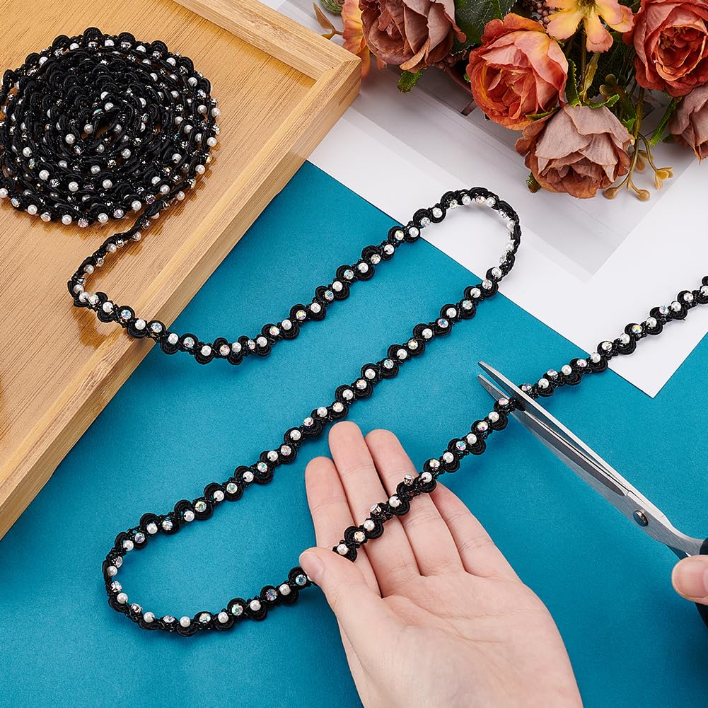 PH PandaHall 4 Yards Pearl Lace Trim 3/8 inch Black Wavy Lace Ribbon Pearl Fringe Rhinestone Fringe Applique Fabric Gimp Braid Ribbon for Costume Curtain DIY Craft Jewelry Party Halloween
