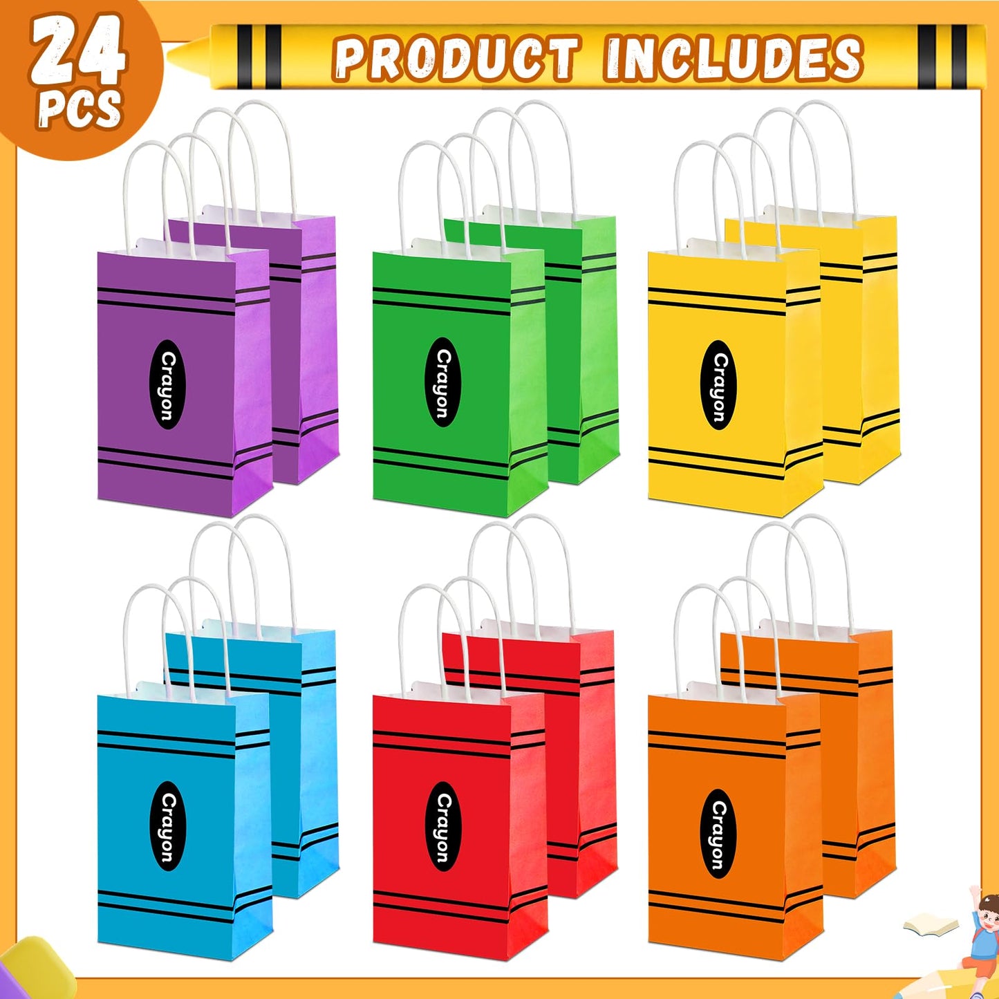 24Pcs Welcome Back to School Crayon Gift Bags for Teacher First Day of School Candy Boxes with Handle Crayon Shaped Goodie Bag for Kindergarten Graduation Birthday Baby Shower Party Supplies