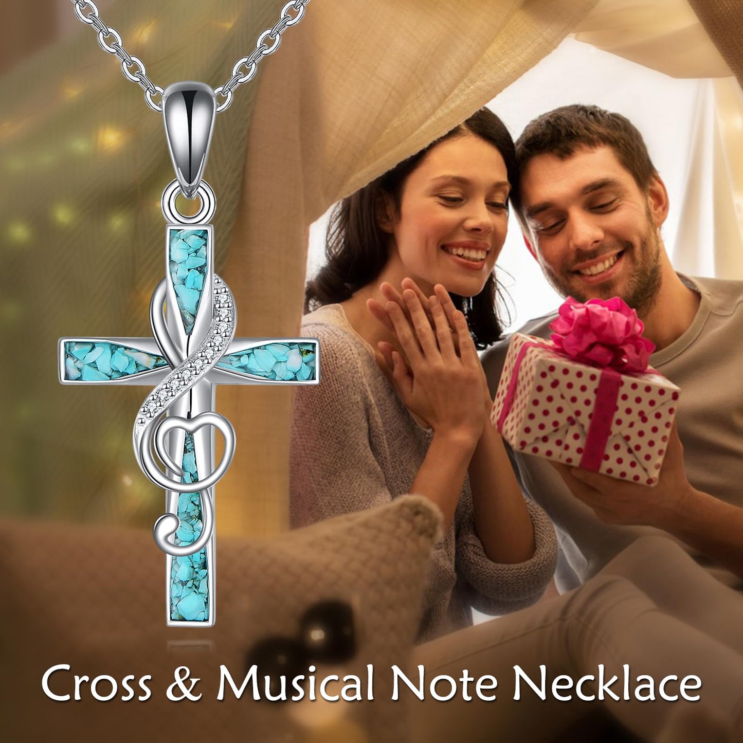 ONEFINITY Turquoise Cross Necklace 925 Sterling Silver Cross Pendant Music Necklace Religious Jewelry Gifts (Music Note Cross)