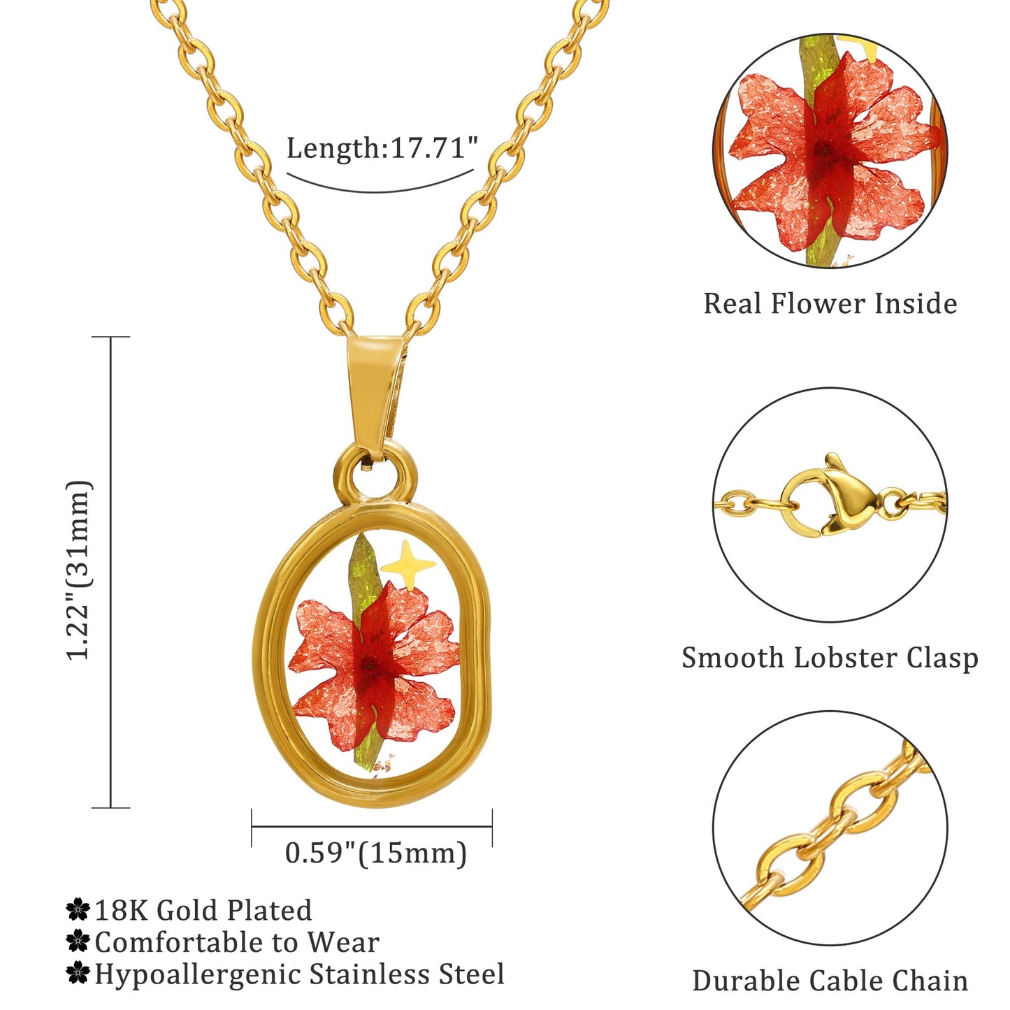 LETFLY Birth Flower Necklaces for Women, 18K Gold Plated Oval Shaped Handmade Floral Pendant, Pressed Flower Necklace Jewelry Gifts Prosperity