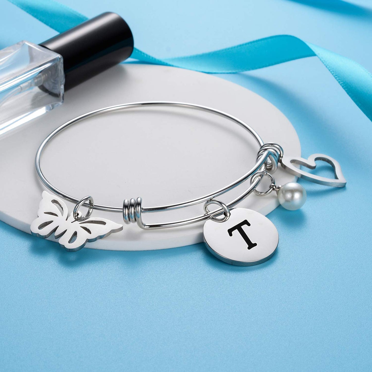 malyunin Initial Bracelet Charm Bracelets Heart Butterfly 26 Letters Alphabet Bracelet for Women Letter Bracelet Personalized Jewelry (T)
