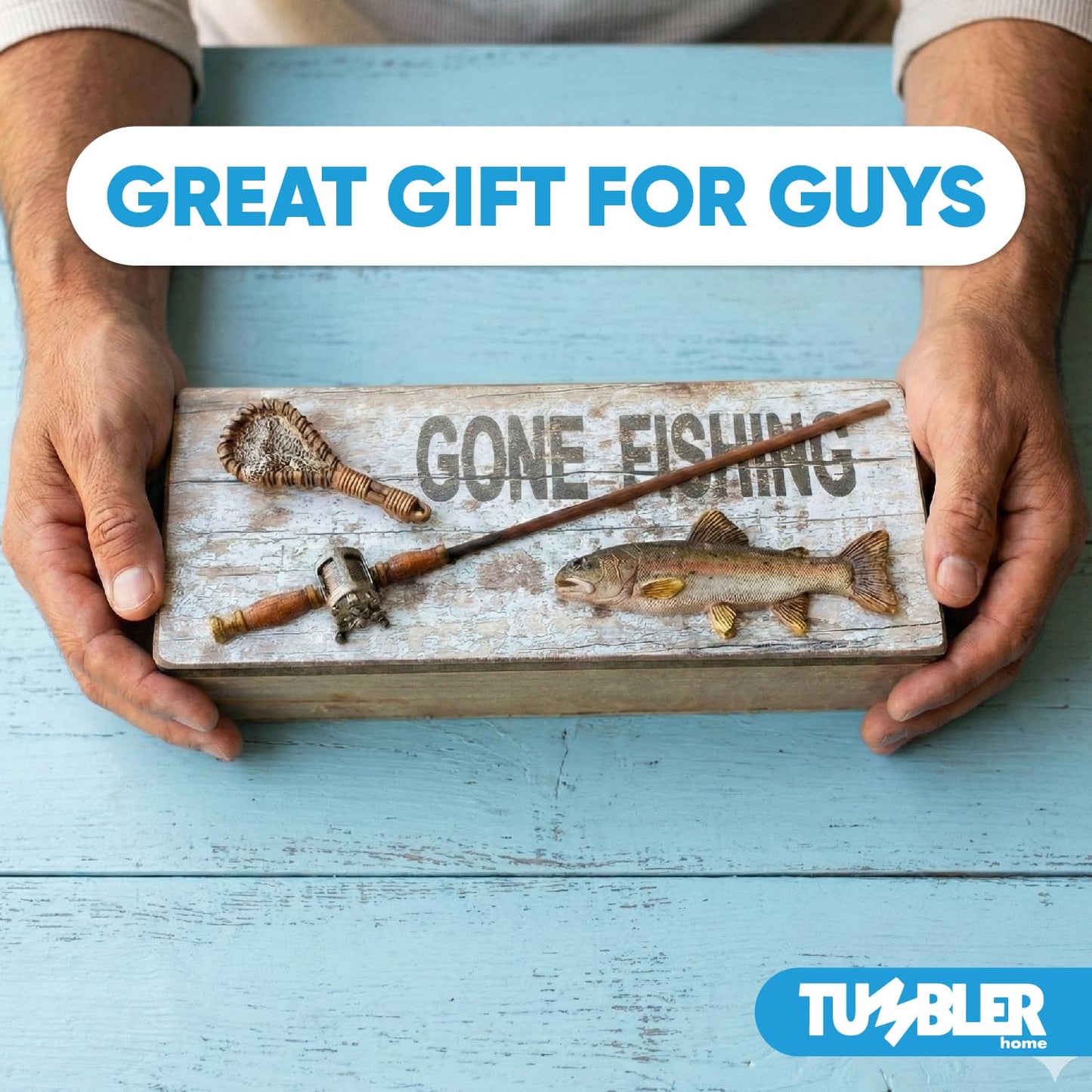 Tumbler Home Gone Fishing Wood Box - Rustic Wood Keepsake Box Holds Coins, Keys and Wallet - Father's Day Gift, Birthday or Christmas Gifts for Fisherman, Dad, Son, Grandpa