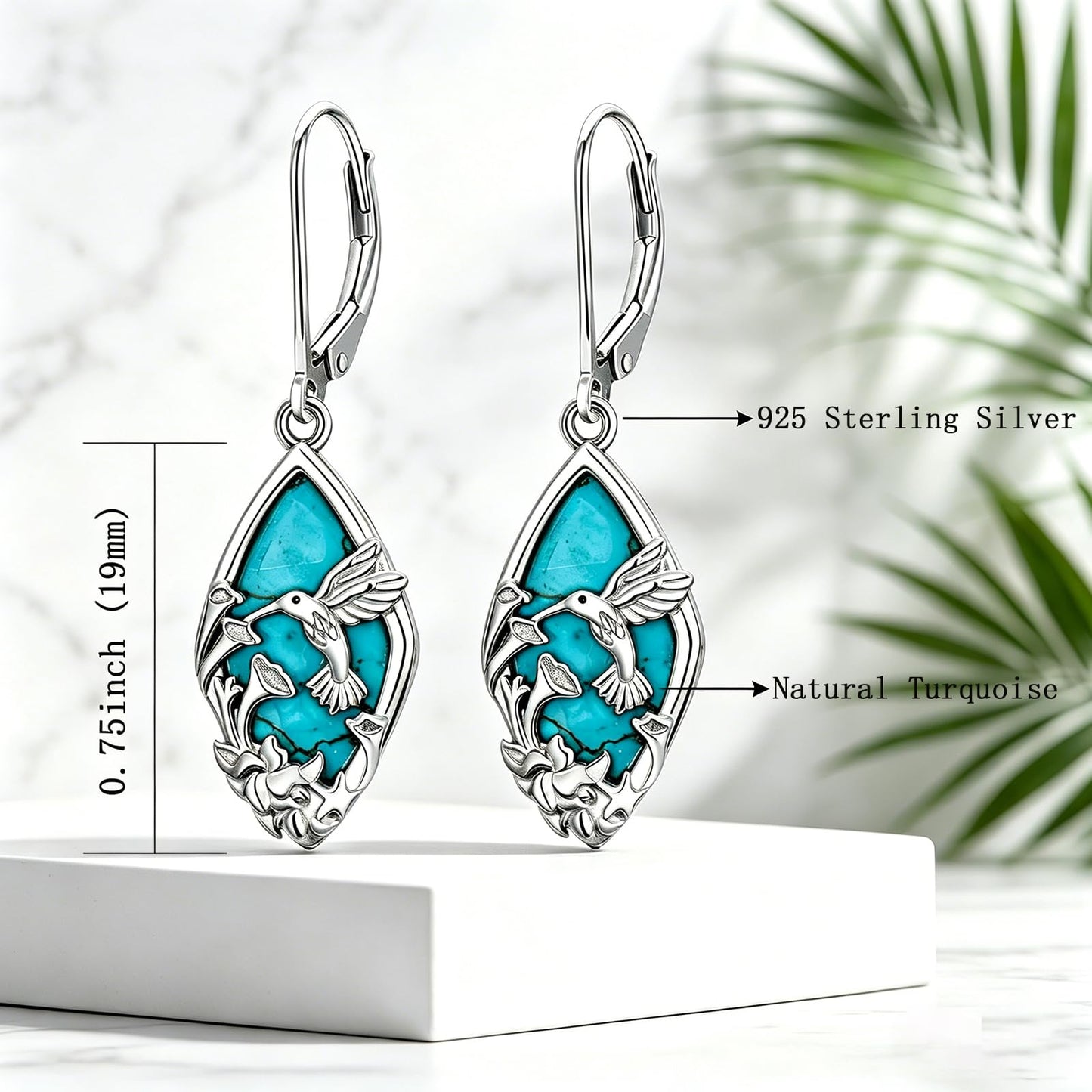 Eetaitai Hummingbird Earrings 925 Sterling Silver Natural Turquoise Jewelry Dangle Drop Earrings Western Boho Bird Flower Hummingbird Mothers Day Gifts for Mom Wife Sister