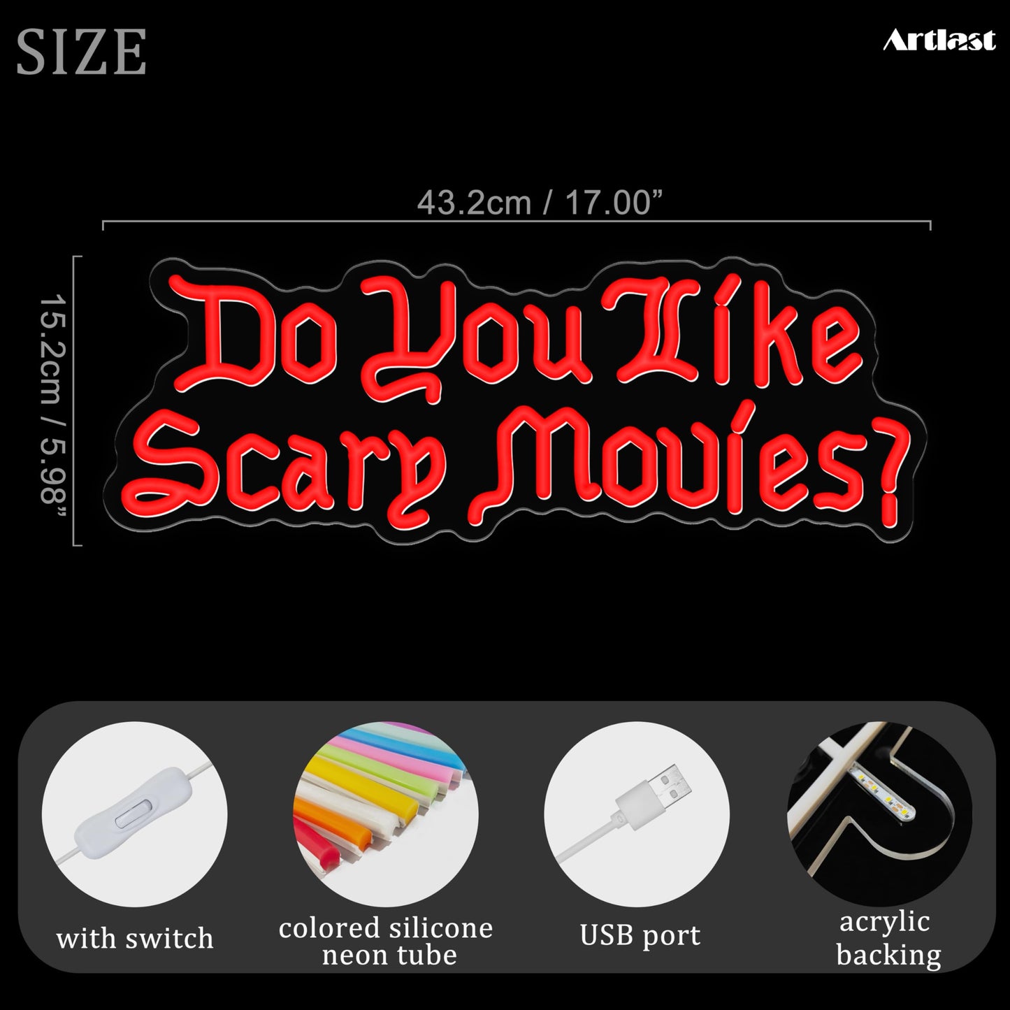 Artlast Do You Like Scary Movies Neon Sign LED Neon Light for Movie Night Party Decor Horror Movies Room Gothic Font Halloween Decoration 17"x5.98" Red Acrylic
