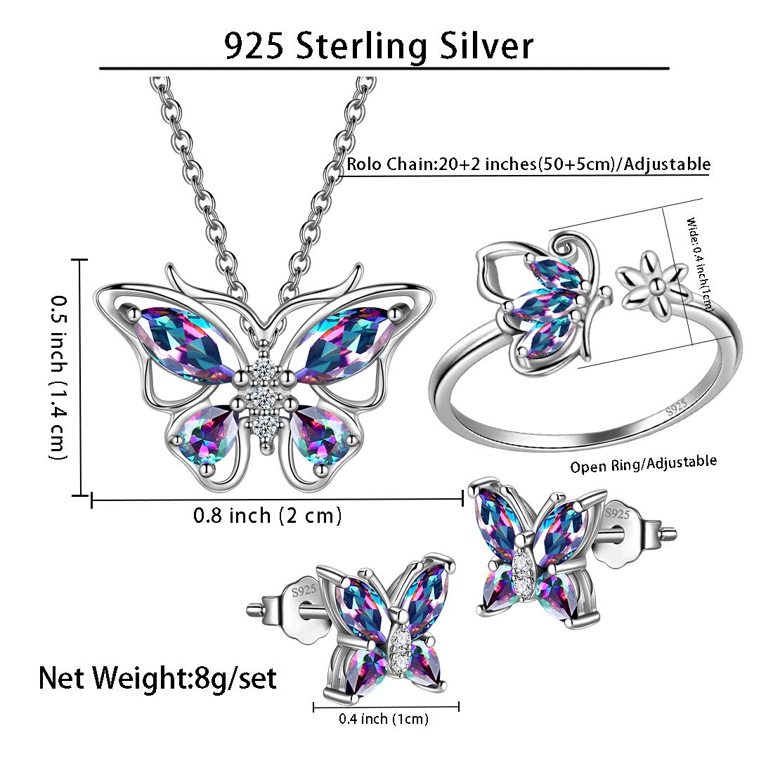 Hipunk Butterfly Mystic-Rainbow-Topaz Jewelry Sets Birthstone Women 925 Sterling Silver Fire-Topaz Birth Stone Animal Butterflies Jewelry Sets/Earring/Ring Set Crystal Birthday Jewelry SS0002C