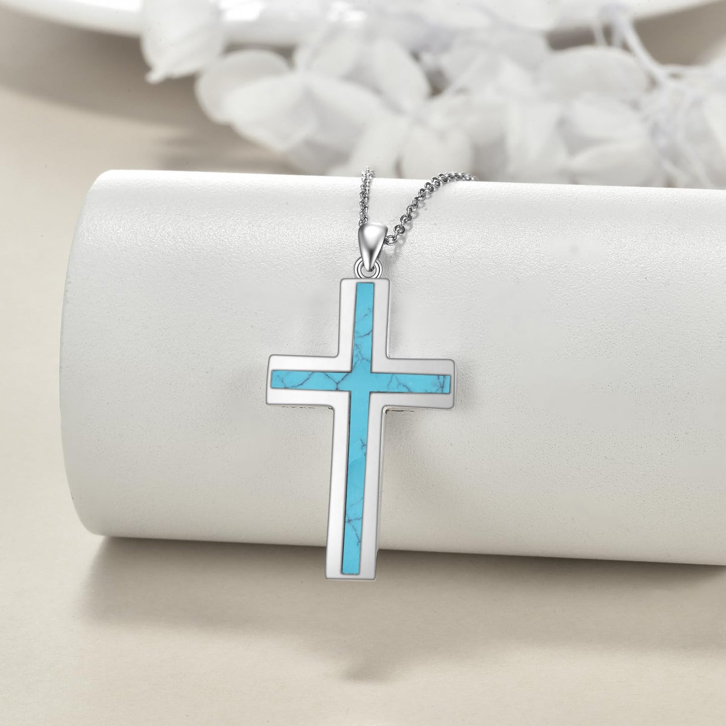 YFN Turquoise Cross Necklace Sterling Silver Cross Pendant Religious Jewelry Gifts for Women Men