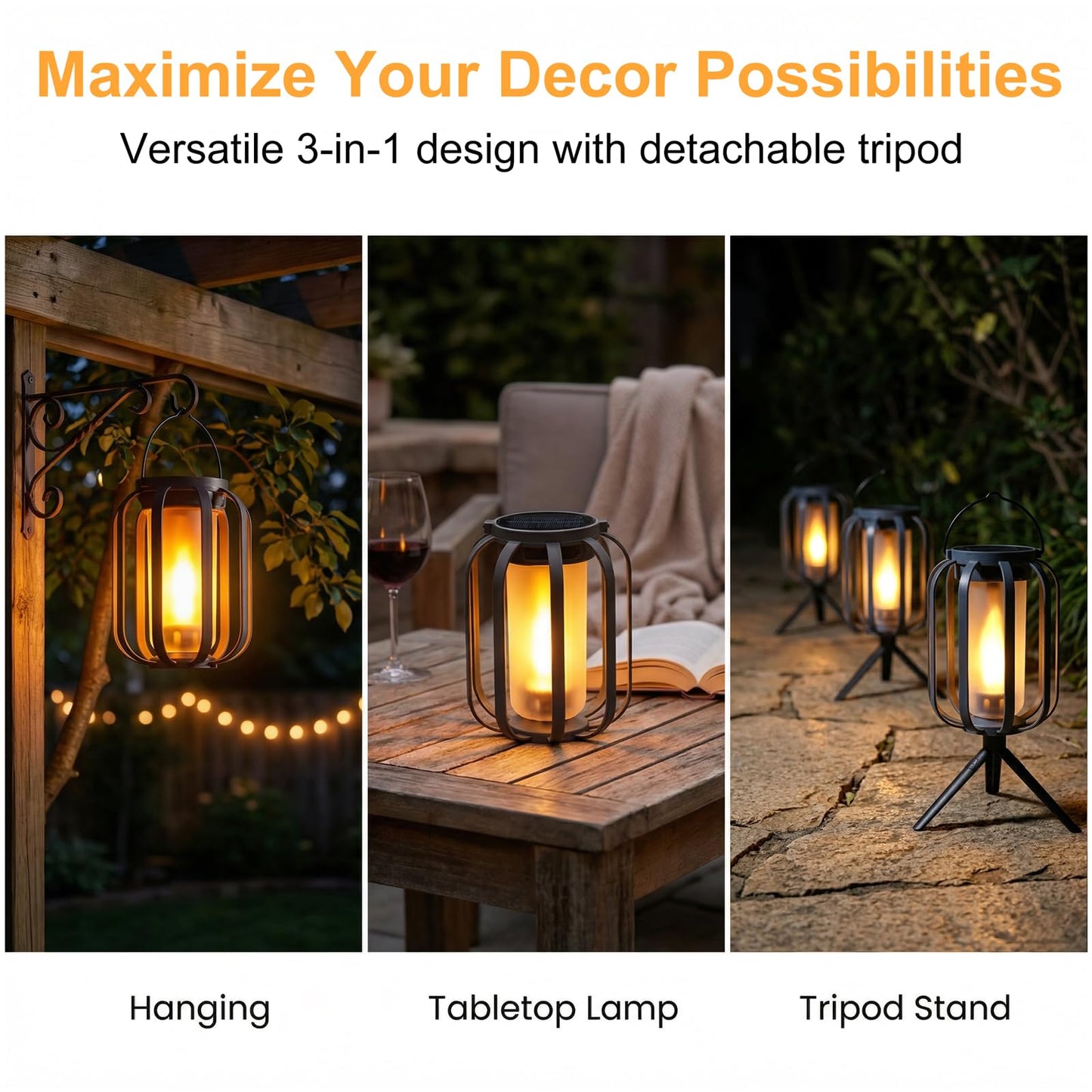 Solar Lanterns Outdoor Waterproof Garden Decor, Flickering Flame Hanging Solar Lights with Tripod Decoration Outside for Yard, Patio, Backyard, Garden, Ideal Gifts for Women Mom Grandma