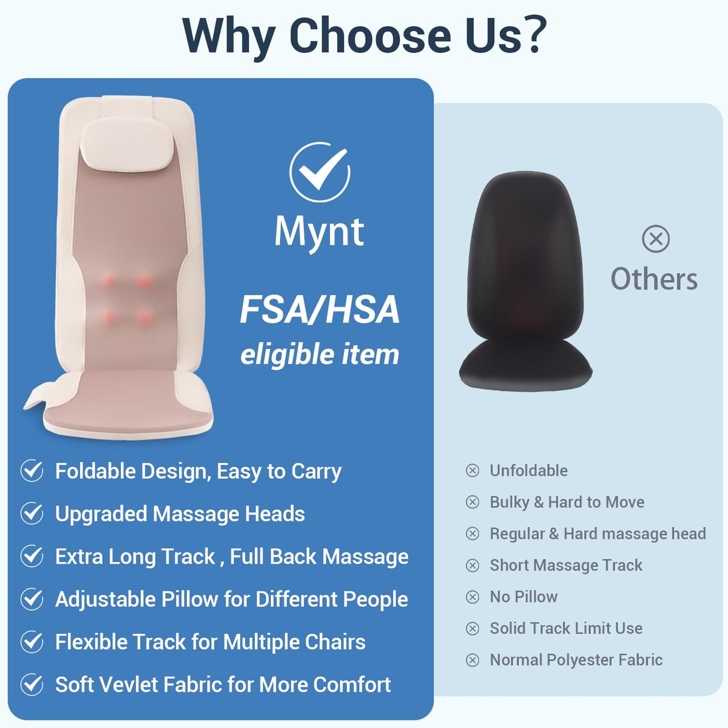 Mynt FSA HSA Eligible Foldable Back Massager, Chair Massager with Soothing Heat, Flexible Massage Chair Pad with Soft S-Curve Longer Track Adjustable Pillow for Diverse Body Contours, FSA/HSA Approved
