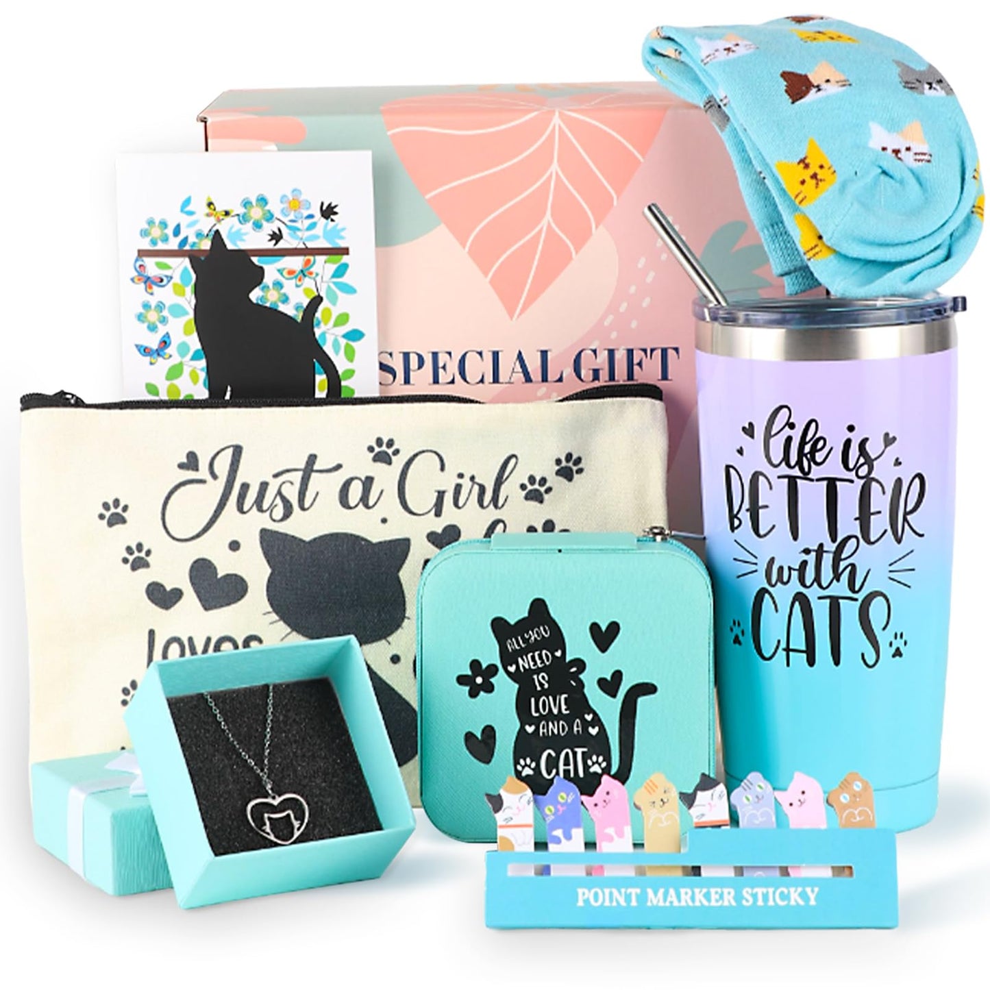 Cefanty Cat Lover Gifts for Women, Mom Gifts Cat Themed Gift Basket Birthday Teacher Appreciation Valentine's Day Mother's Day Cat Lovers With 20 OZ Tumbler