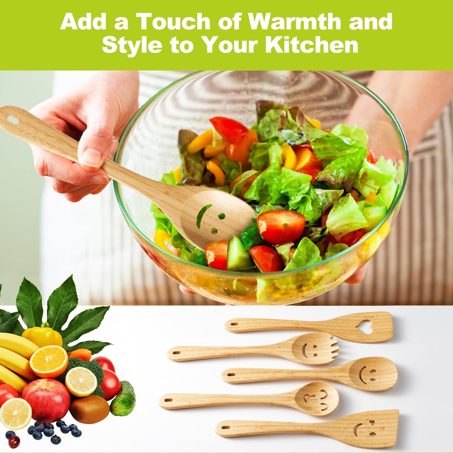 Wooden Cooking Utensil Set, Cute Spatula Set, Funny Bamboo Kitchenware, Unique Mother's Day Gifts for Cooks Hostesses Mom Grandma Wife Weddings House Warming Kitchen Accessories (A001)