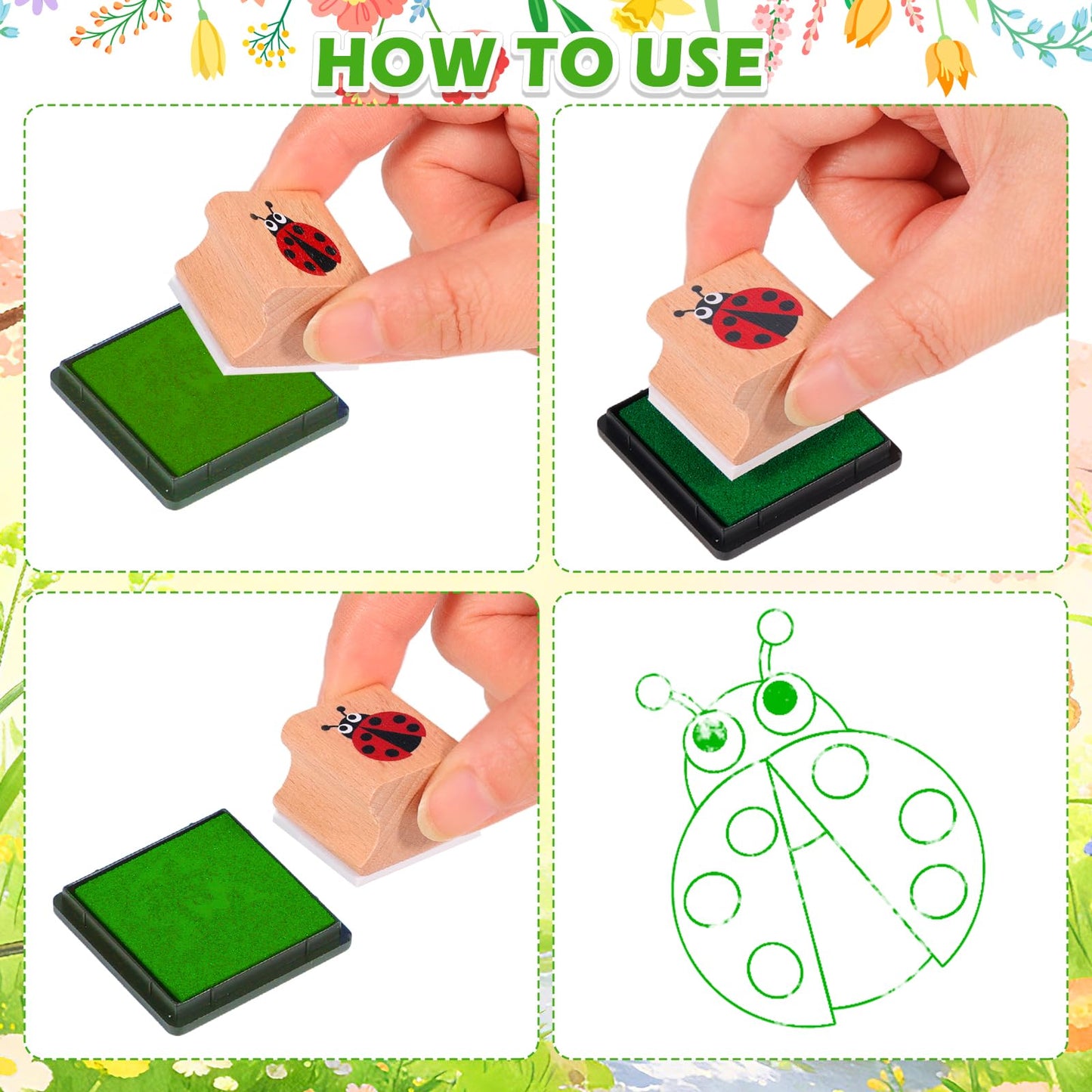 HOWAF 12pcs Spring Wooden Stamps, Hello Spring DIY Craft Rubber Stamps, Animal Daisy Flower Inking Stamp Pads Set, Butterfly Stamp Sunflower Inking Pads for Summer Party Supplies