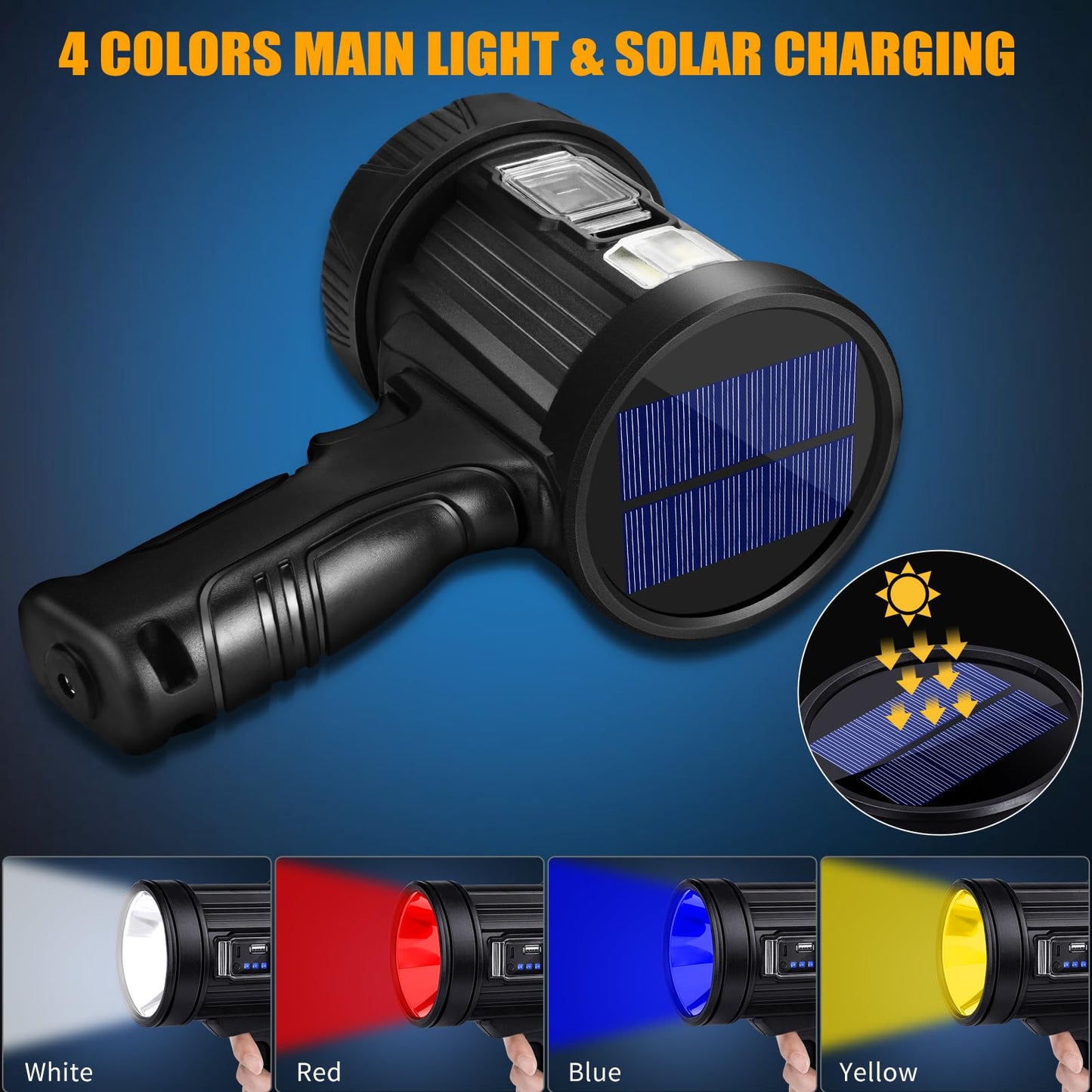 Rechargeable Spotlight, 2000000 LM Super Bright Spotlight Flashlight, Long Running Spot Light Searchlight, Outdoor Handheld LED Flashlight High Lumens with Solar Panels for Hunting Camping Boat