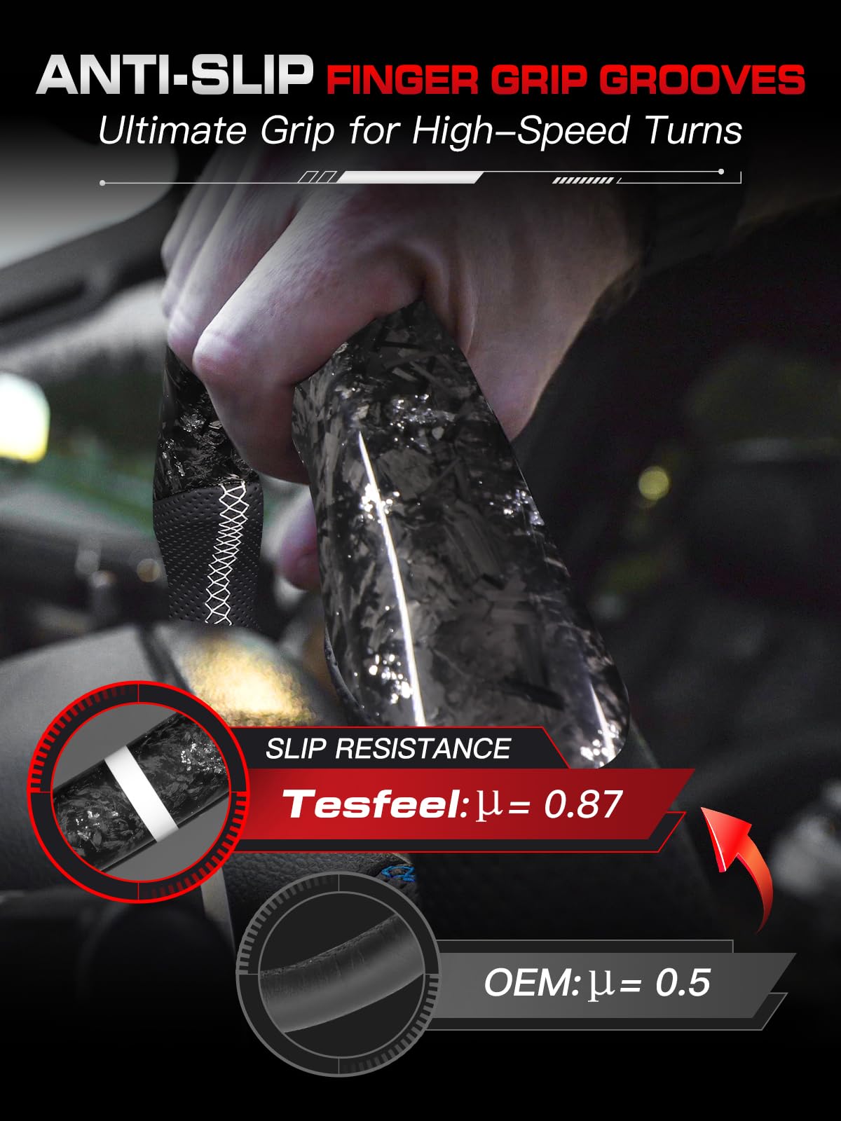 TESFEEL Forged Carbon Fiber Steering Wheel Heated for F150 Raptor Gen 3 (2021-2025), Silver Foil Flakes with Matching Trim, Double D, White Stripe & Stitching, for Raptor (Base V6 Models)