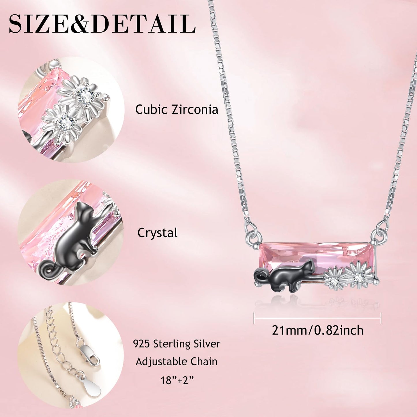 AENEAS Black Cat Necklace Sterling Silver Cute Animal Pendant Pink Crystal Birthday Jewelry Pet Daisy Gifts for Women Wife Her