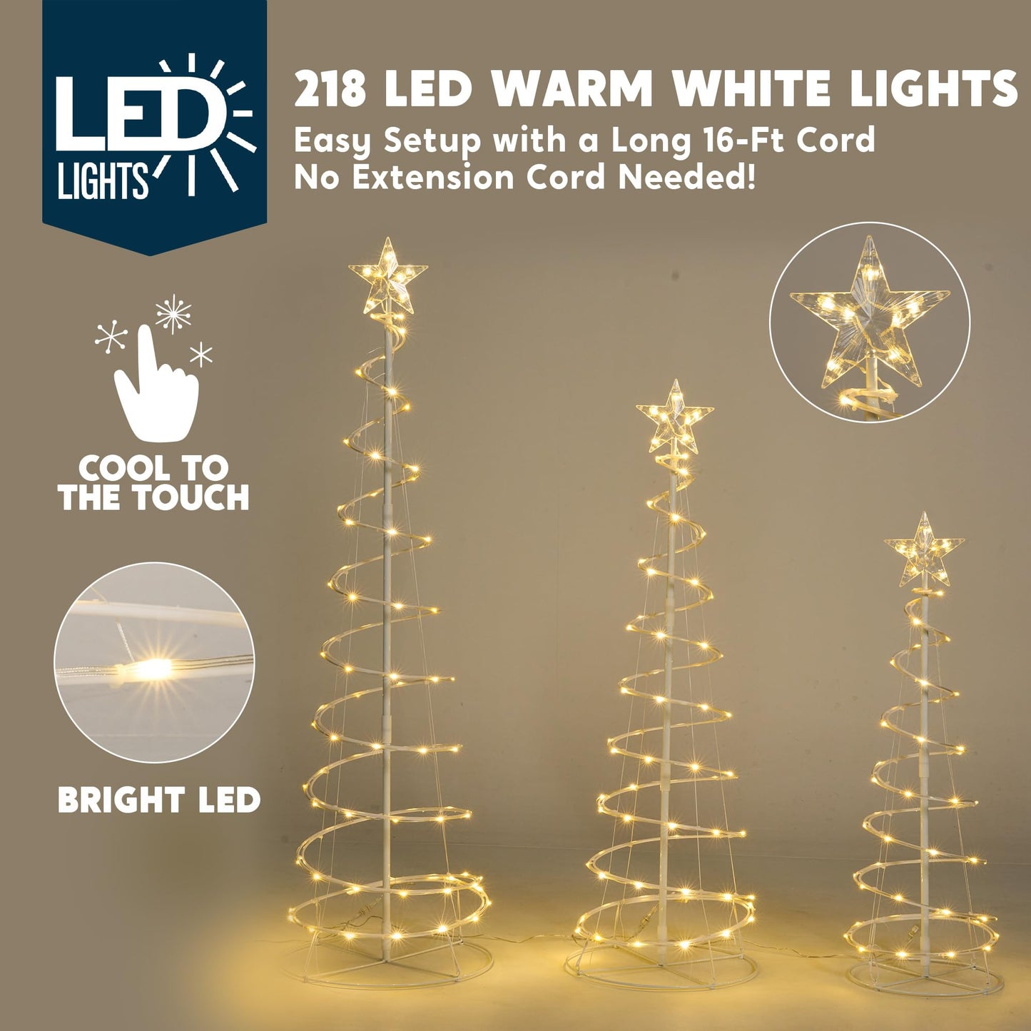 JOIEDOMI 3 Pack Spiral Christmas Tree Lights, 218 LED Outdoor Lighted Tree with Star Topper & Stakes, Christmas Decorations for Yard Porch Patio Garden Holiday Xmas Eve Night Décor, Warm White