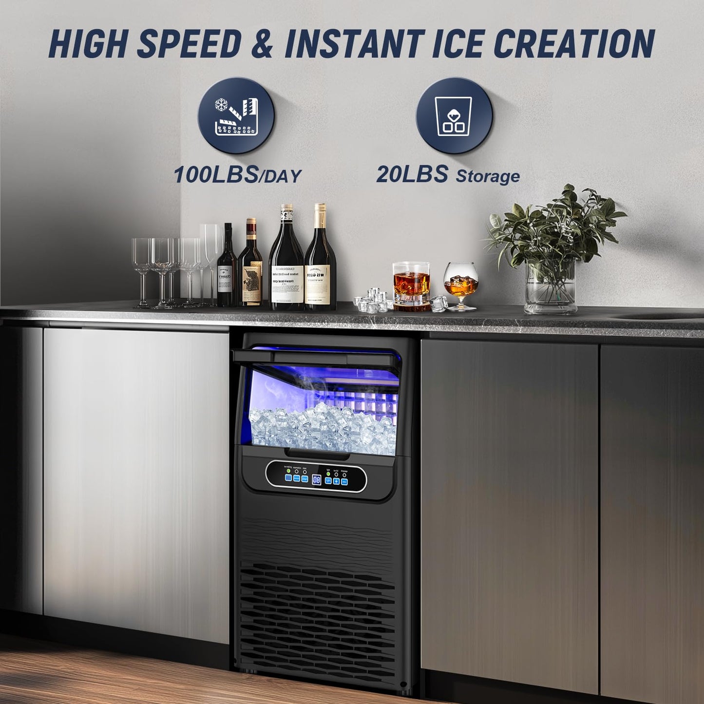 100LBS/24H High Output - Commercial Under Counter Ice Maker with 30LBS Storage - Built-in/Freestanding Design, Self-Cleaning & 24H Timer - for Home Bars Outdoor