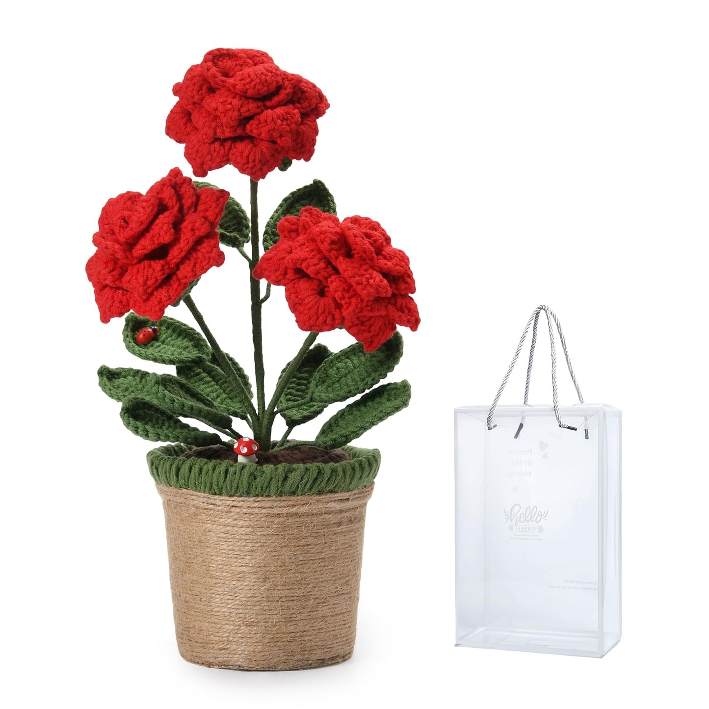 TALIBSA Handmade Crochet Rose Flower Pot Plant Gift Box，Crochet Flowers Handmade Knitted Potted Plants，Knitting Crochet Puff Flowers Potted Plants，Gifts for Family, Loved Ones and Friends