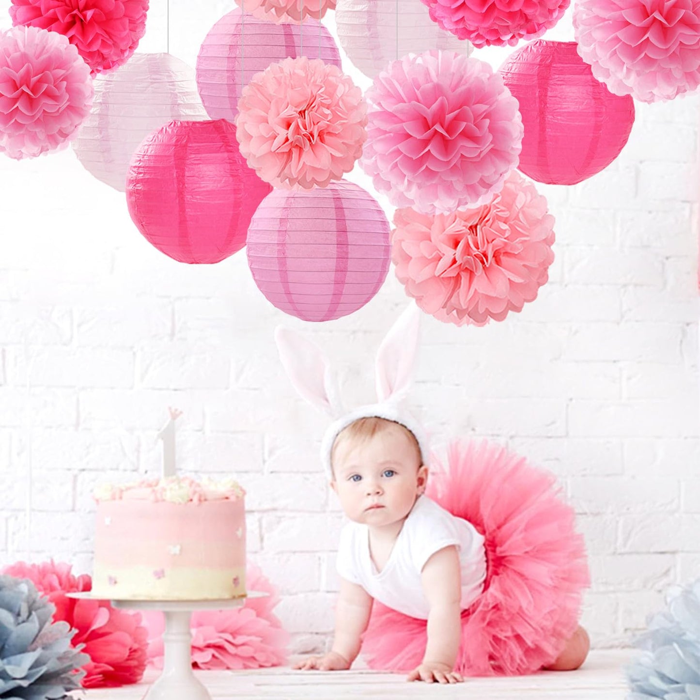 Light-Hot Pink Party-Decorations Paper-Flowers Lanterns - 15pcs Graduation Girl Birthday Decor Tissue Pom Poms Streamers, Bridal Baby Shower Wedding Bachelorette Valentine Hanging Supplies Hugfond