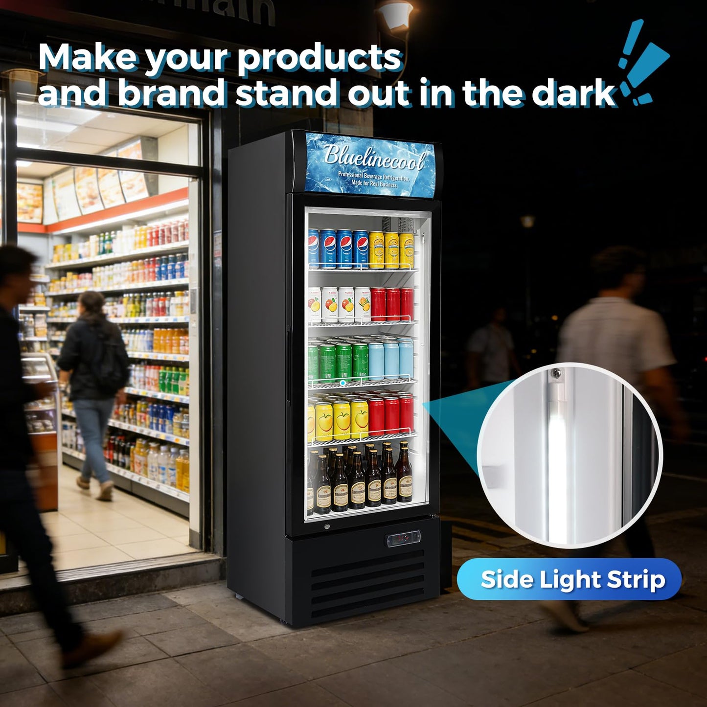 Bluelinecool Commercial Refrigerator Beverage Cooler, 12.5 Cu.Ft Display Refrigerator with Glass Door, Drink Fridge with Led Light, 4 Adjustable Shelves, Merchandiser Refrigerator for Beer, Bar, Shop