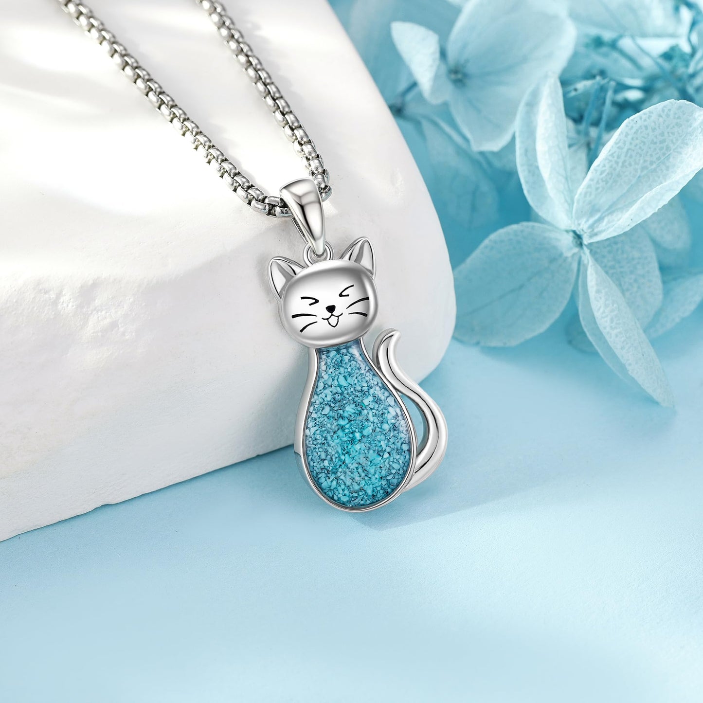 HKPATOP Turquoise Cat Necklace 925 Sterling Silver Turquoise Necklace Cute Cat Jewelry Gifts for Women Men