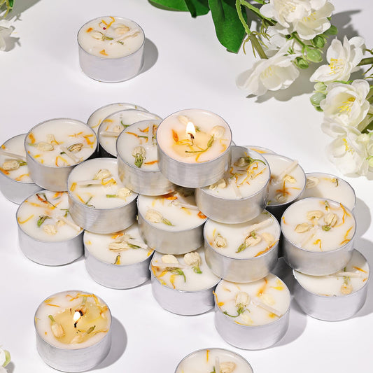 16 Pcs Jasmine Scented Tealight Candles, 6H Long Burning - 100% Palm Wax Based Scented Tea Lights with Dried Flowers, Non-Toxic/Smokeless Scented Tea Lights Candles for Spa, Bath, Wedding