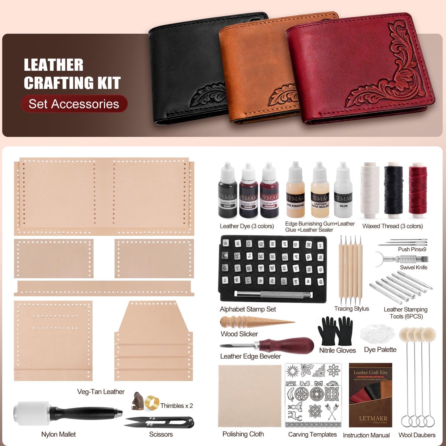Leather Working Kit-Leather Crafting Tools with Cowhide and Paint Set-Men's Wallet DIY Kit-Hobbies for Women and Men-Art and Crafts for Adults- Birthday Gift for Men,Dad,Boyfriend,Husband