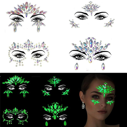 Glows Face Gems Jewels, 4 Pack Noctilucent Stickers Glow in the Dark Tattoo Crystals Body Gems Stick on for Halloween Carnival Festival Party