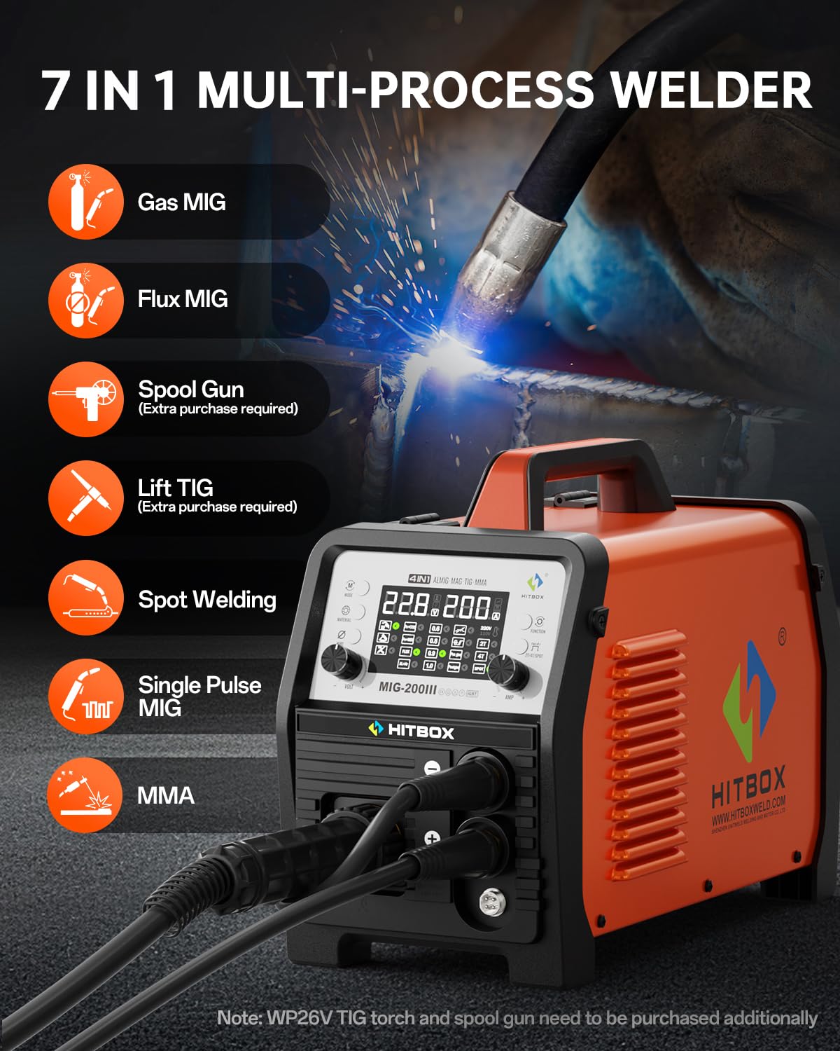 HITBOX Aluminum MIG Welder Welding Machine, 200A 110V 220V Gas & Gasless MIG Welder Machine, 7 in 1 Multi Process Welding Machine with MIG/Stick/Lift TIG/Spot/Spool Gun