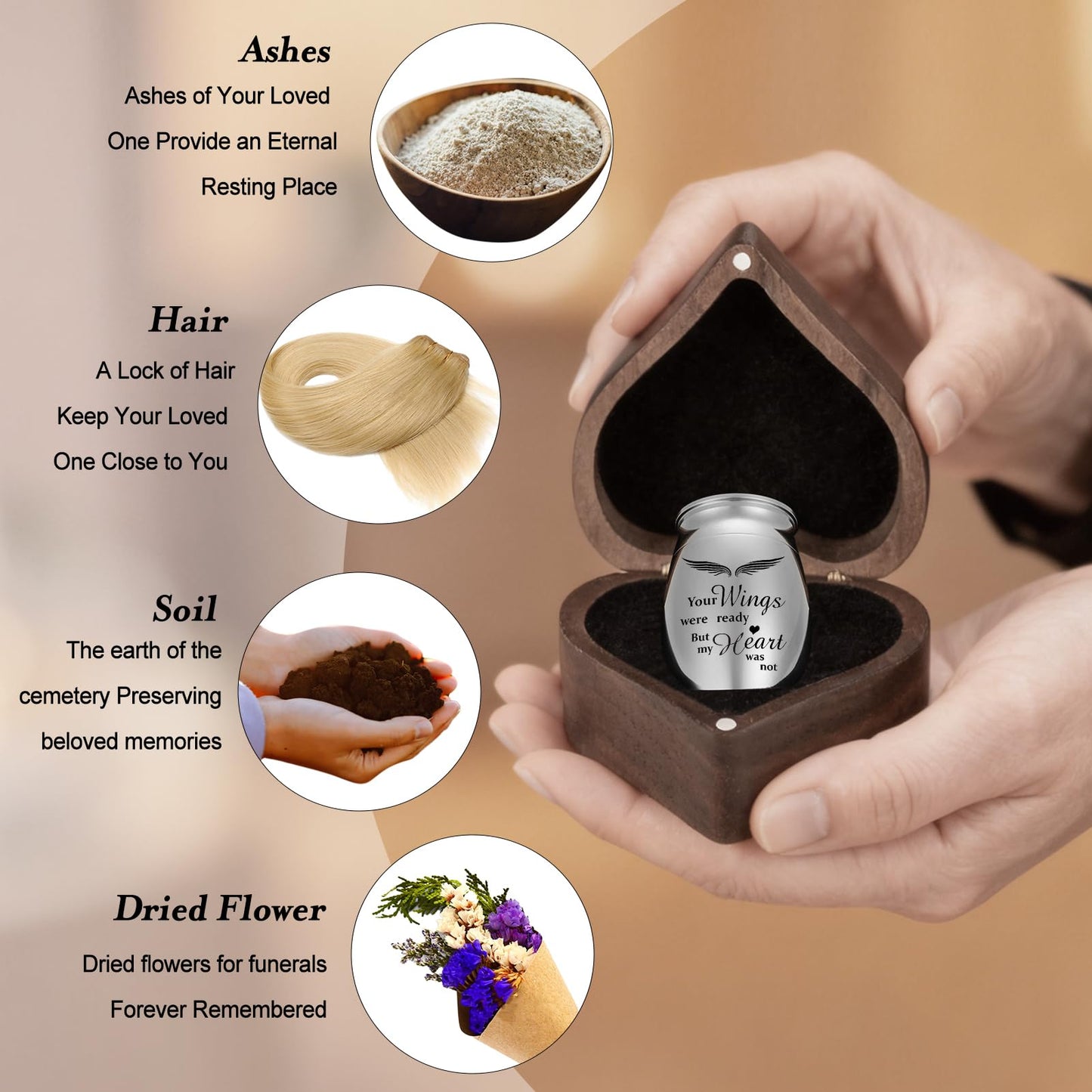 Dletay Angel Wing Small Urns for Human Ashes Heart Shaped Wooden Keepsake Box 1.57 Inches Mini Cremation Urns for Women Men Memorial Funeral Urn