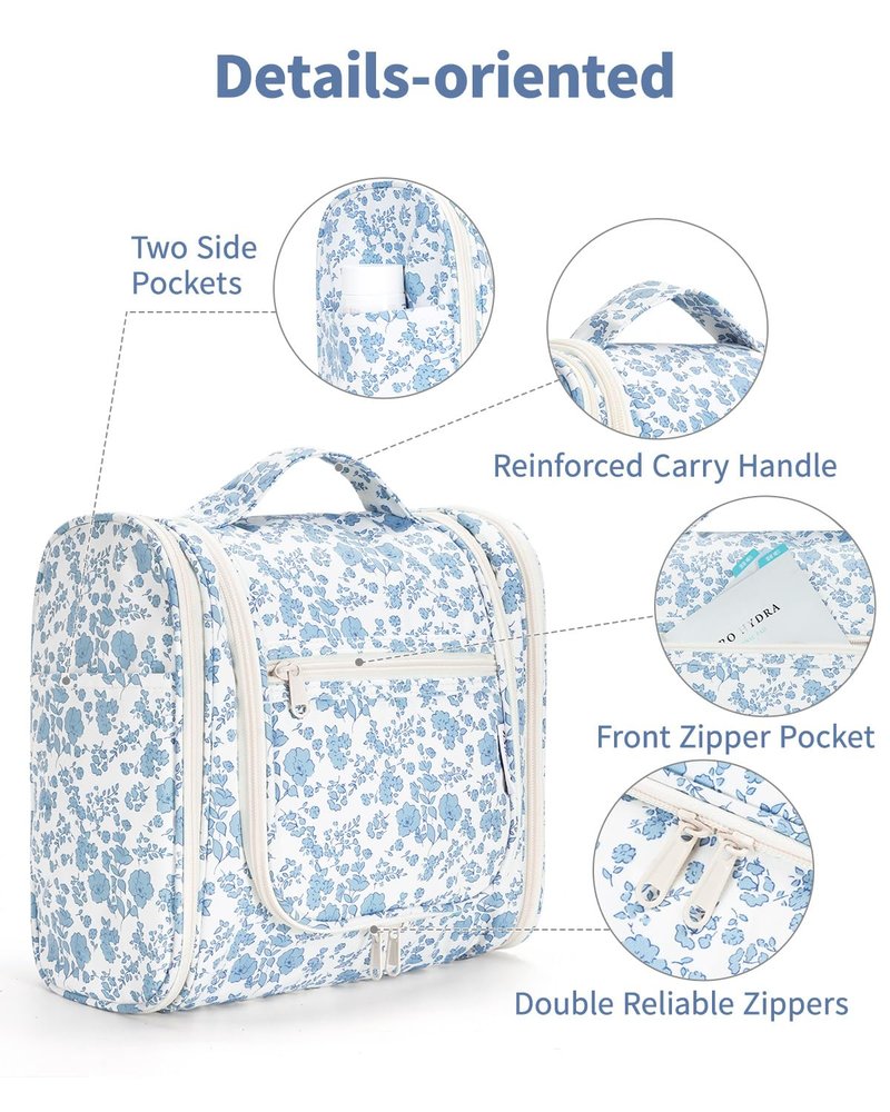 Narwey Large Hanging Toiletry Bag for Women Travel Makeup Bag Make up Organizer Toiletries Bag for Cosmetics Essentials Accessories (Large, Blue Flower)