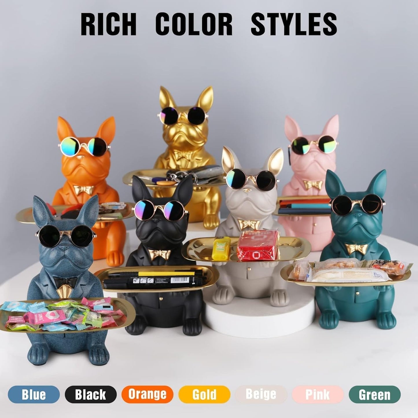 suruim French Bulldog Gifts Key Holder Candy Dish Tray Home Decor Resin Butler Statue Key Bowl Entryway Table Frenchie Dog Sculpture Dining Table Decor Office Small Object Tray (Black)
