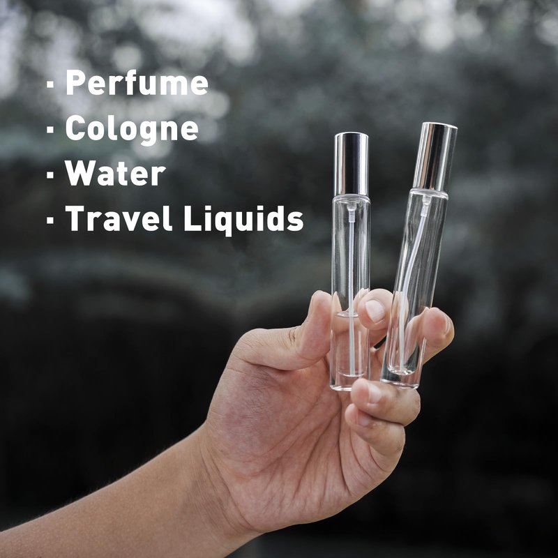 Glassfinity 16 Pack 10ml Empty Perfume Bottles, Refillable Round Glass Spray Atomizers with Funnel, Transfer Pump and Labels, Travel Fragrance Decant Bottles for Samples, Silver Caps