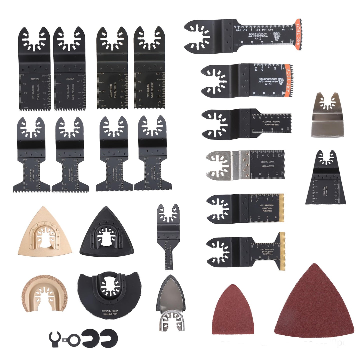 kimllier 104 Pcs Oscillating Multi-Tool Blade Set with Titanium Coated Blades, 4 Sanding Pads and 80 Sandpapers - All-Purpose Cutting Kit for Wood, Metal, Plastic