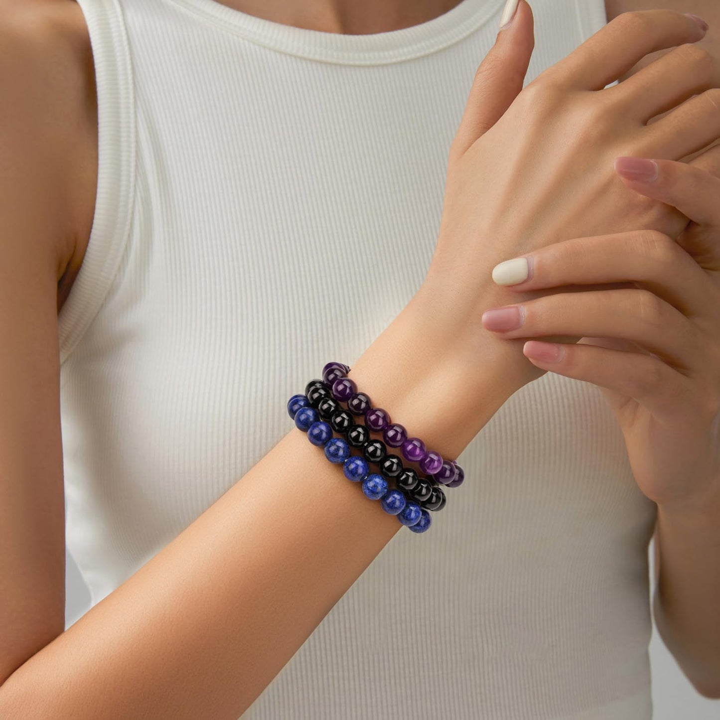 Pendlixy 3PCS Healing Crystal Bracelets for Women Men 8mm Amethyst Lapis Lazuli Obsidian Natural Stone Beaded Stretch Bracelet Handmade Gemstone Reiki Spiritual Jewelry Gifts