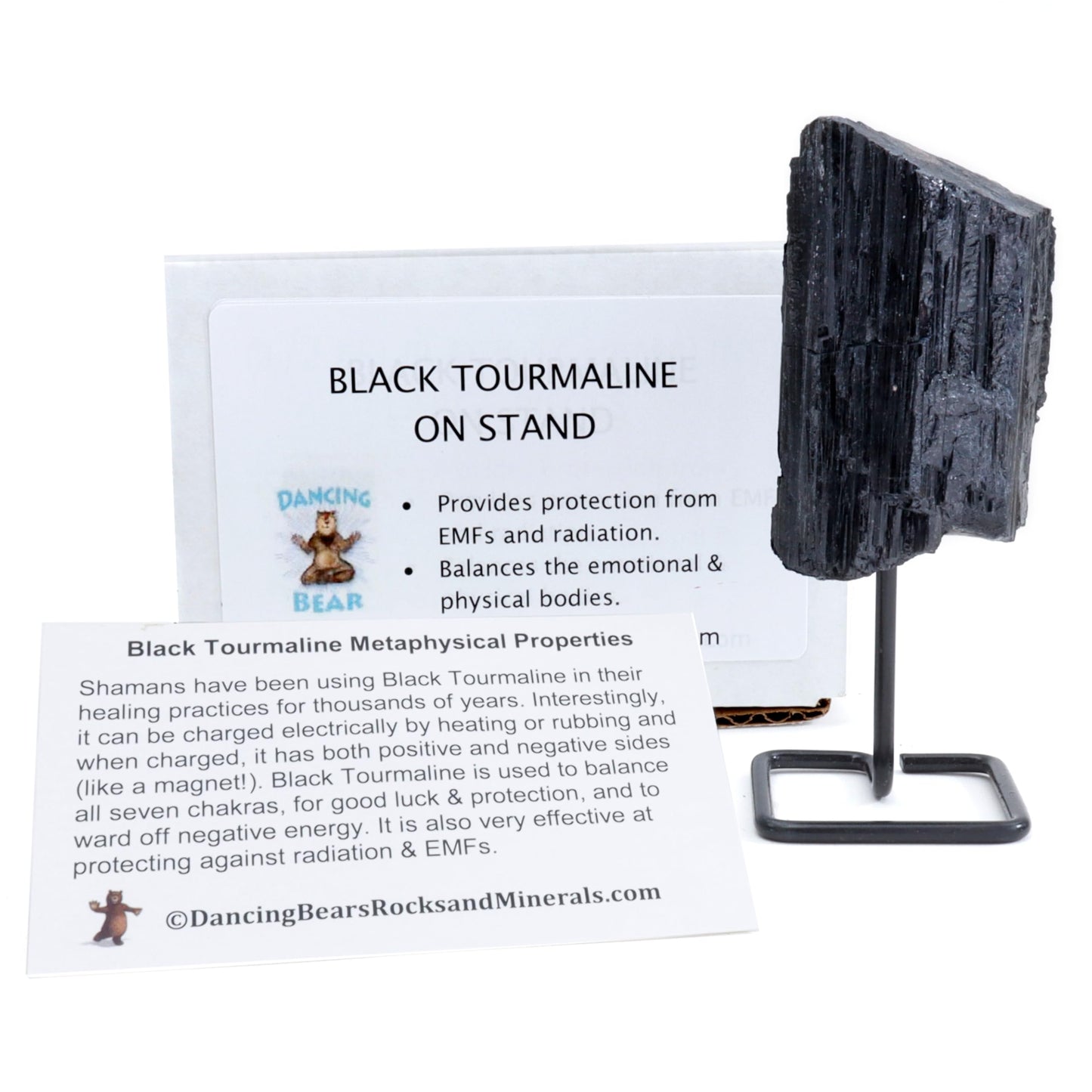 DANCING BEAR Black Tourmaline on Stand, Includes Information Card, Rough Raw Natural Stone for Good Vibes, Reiki Energy, Assembled in the USA