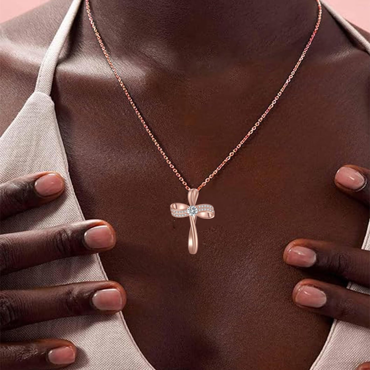 OKISIL 18K Gold Plated Cross Necklace for Women, S925 Sterling Silver Necklace for Women, Infinity Loop Pendant Jewelry with 5A Cubic Zirconia, Anniversary Birthday Christian Gifts for Women Her Wife (Rose gold)