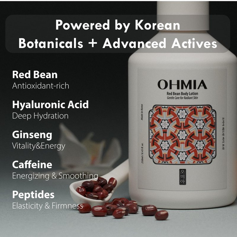 OHMIA Korean Red Bean Body Lotion - 24-Hour Hydrating Moisturizer for Dry Skin with Peptides & Hyaluronic Acid for Smooth Sensitive Skin Women & Men - Vegan & Cruelty-Free - 8.45 fl oz