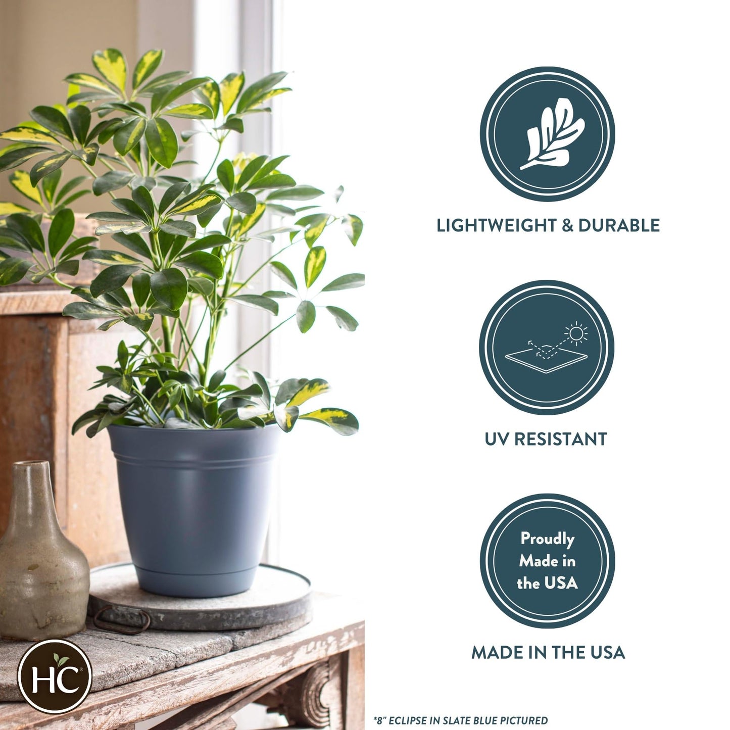 The HC Companies Eclipse Round Planter with Saucer - Outdoor & Indoor Plant Pot with Drainage Holes - Lightweight, UV-Resistant Plastic Pots for Plants, Flowers & Herbs (6" Sandstone, Pack of 1)