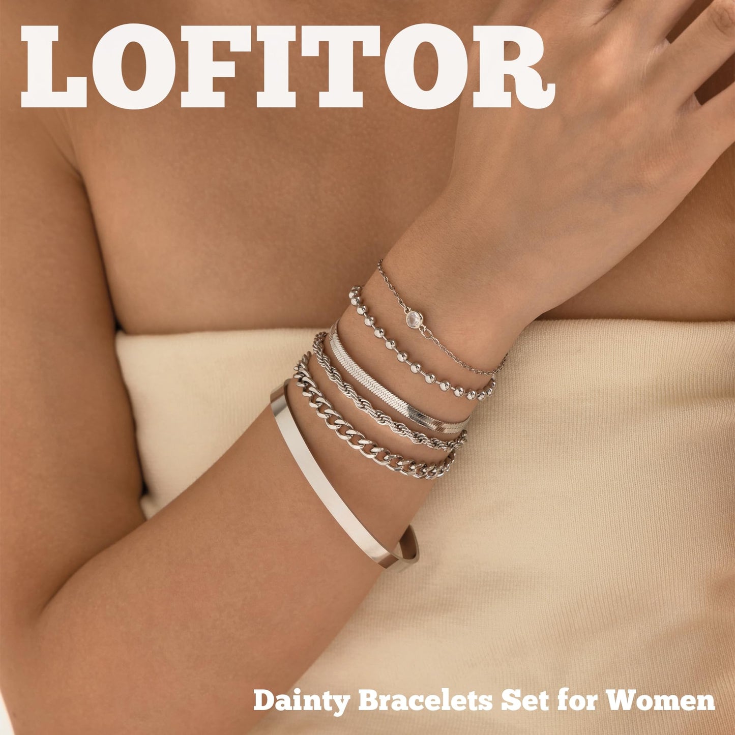 LOFITOR Silver Bracelets for Women Dainty Non Tarnish Link Chain Bracelet Set for Women Trendy Adjustable Chunky Thin Bracelets Stack Layered Cuff Beaded Cuban Rope CZ Heart Cross Jewelry Gift CZ